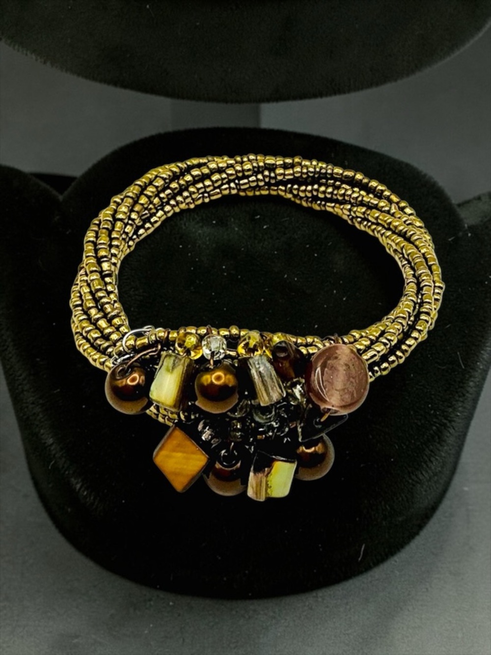 Indigenous Beaded wrap Bracelet Gold, Cream, & Brown Stone Gold Beaded - Picture 2 of 4